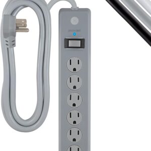 GE 6-Outlet Surge Protector, 10 Ft Extension Cord, Power Strip, 800 Joules, Flat Plug, Twist-to-Close Safety Covers, UL Listed, Gray, 61348